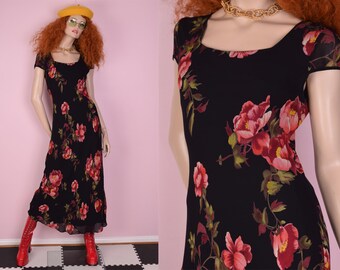 90s Floral Print Maxi Dress/ Medium/ 1990s/ Short Sleeve