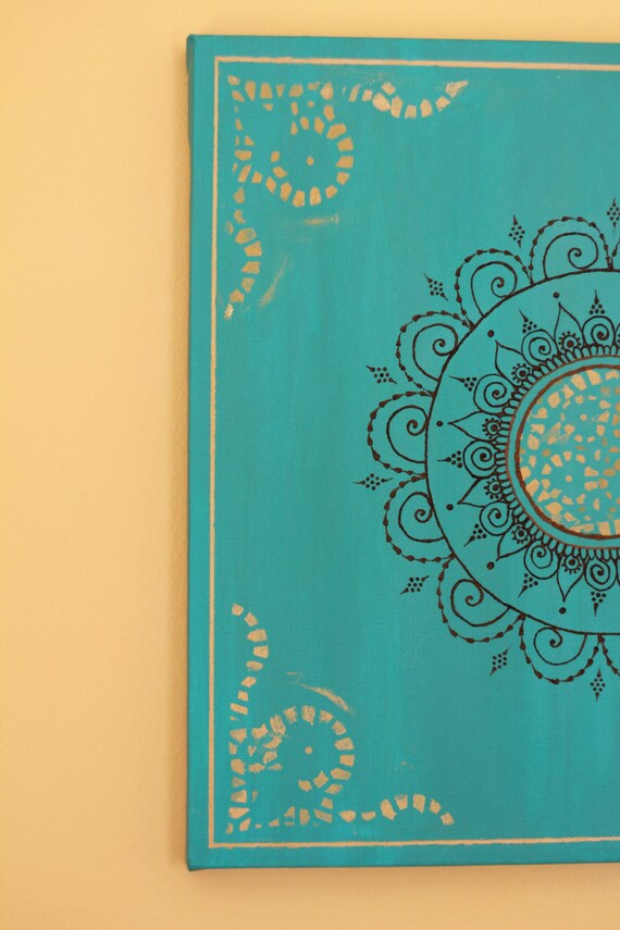 Teal Turquoise Mandala Henna  Canvas  12 X 12