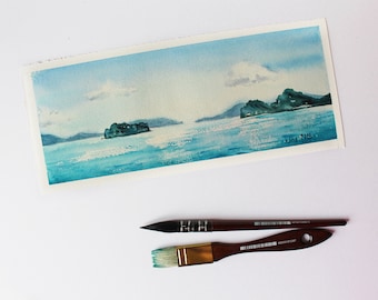 Calm Sea watercolor, Seascape watercolor painting, Islands and sea, Thailand nature, Sky clouds sea painting, ORIGINAL Watercolor Painting