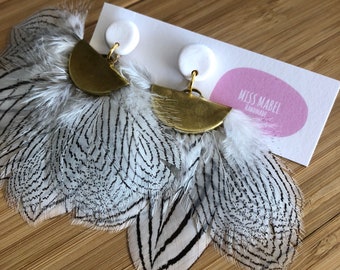 White and gold feather fan earrings