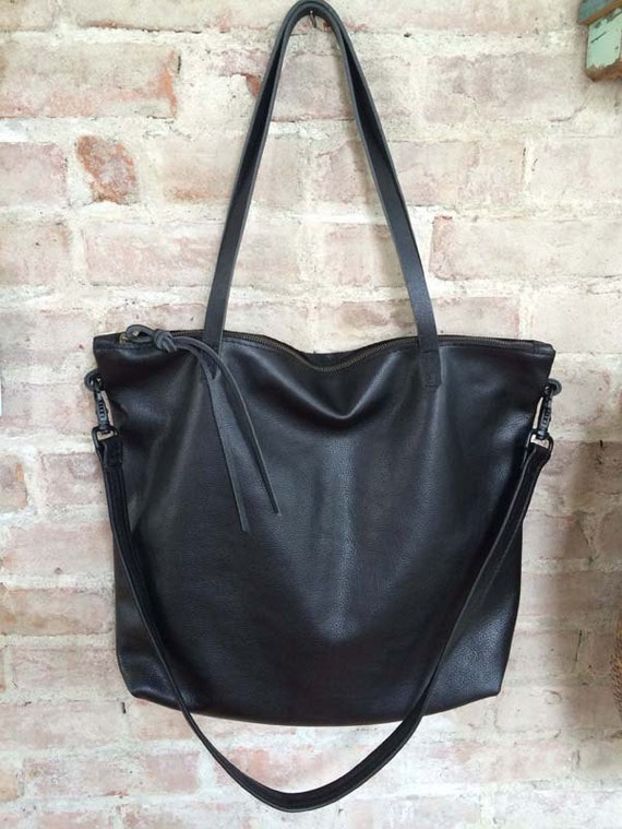 Large black leather Bag Large zipper tote Leather Laptop