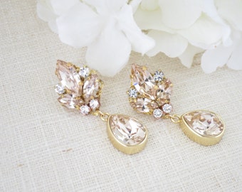Gold drop earrings, Champagne teardrop bridal earrings, Swarovski crystal wedding jewelry, Gold wedding earrings, Mother of the bride