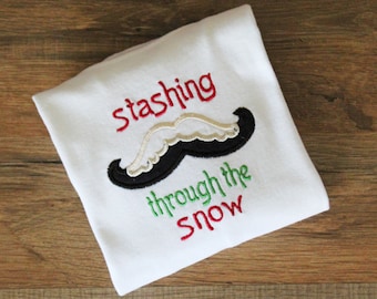 Boys Stashing through the snow shirt. Mustache shirt. Christmas/winter shirt