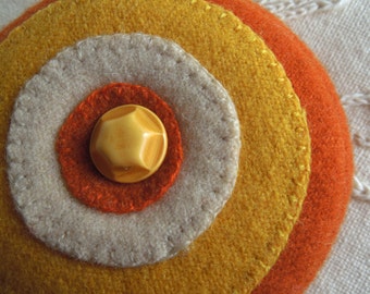 Pincushion -- Yellow and Orange -- Felted Wool - Vintage Celluloid Button