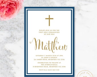 Boy First Communion Invitation Printable / Boy Holy Communion Invite / Boy First Holy Communion Invitation / Cross / Navy
