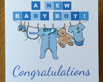 New Baby Congratulations Washing Line Illustration Card - New Parents - Boy
