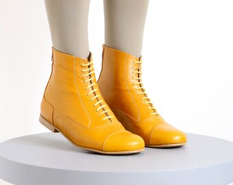 Yellow Leather Booties shoes, flat Boots, mid calf, handmade, womens, adikilav free shipping