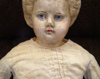 Beautiful Antique Paper Mache Blonde Greiner #6 Doll 1858 with Label and Nice Old Outfit - 21" Tall
