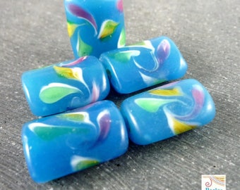 5 rectangular beads, blue lampwork glass 18x8mm (pv178)