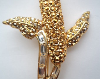 Vintage Signed Danecraft Sparkling Goldtone/Silver Bead Corn on the Cob Brooch/Pin