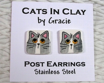 Grey & White Cat Post Earrings Handmade In Clay