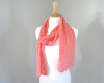 Coral Pink Cashmere Scarf, Hand Knit Knitted, Long Light Scarf, Lace Lacy Wrap Scarf, Pure Cashmere, Featherweight Scarf