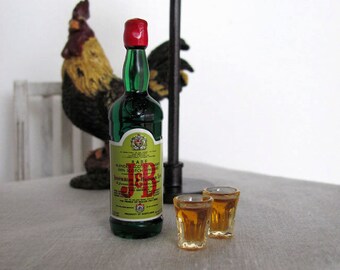 Miniature J & B Whiskey Bottle and 2 Shots - Miniature Drinks for 1:6 Scale Fashion Dolls and Action Figures