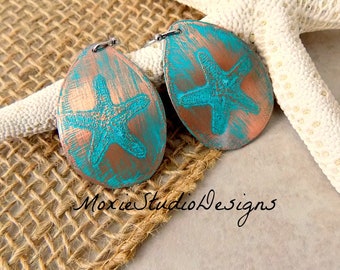 Starfish Earrings, Etched Copper Earrings, Beach Earrings, Turquoise Earrings, Bohemian Earrings, Boho Earrings, Etched Copper Earrings