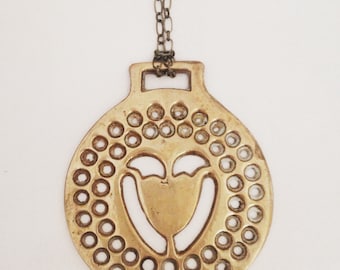 Bloom: Vintage Handmade Brass Medallion Necklace--30" Chain