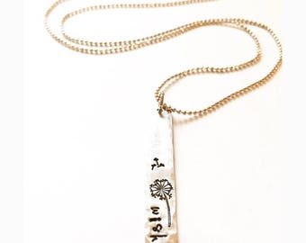 Wish - Rustic Hand Stamped Dandelion on Silver Bar Necklace, Aluminum