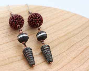 Beaded bead earrings. Long dangle earrings. Statement earrings. Glass, wood, brass. Cone beads and round beads.
