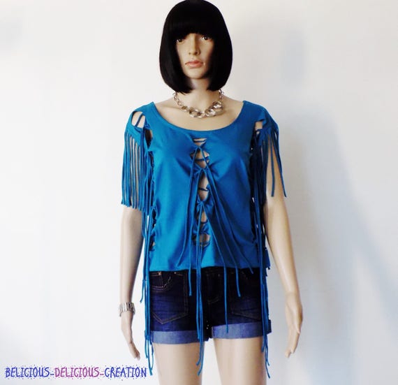 Original women's T-Shirt! LACED! COTTON blue colour size: L / Large belicious delicious creation inches long