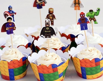Lego Avengers/Superheroes Double-Sided Cupcake Toppers/Food Picks Party Decorating Favor Set of 24,Perfect For Any Boys Party