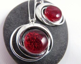 Cosmic Swirl Earrings - Candy Apple Red Earrings - Fused Glass Earrings