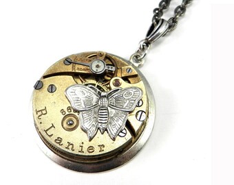 Steampunk Necklace - Silver Clockwork Time Flies Victorian Butterfly Mechanical Watch Movement Ruby Jewel Silver Necklace
