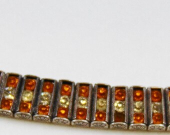 Vintage Signed Leach and Miller L & M Sterling Art Deco Style Bracelet in Topaz and Clear Rhinestones