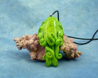 Green Moss Cuttlefish Necklace, Handmade Polymer Clay Jewelry