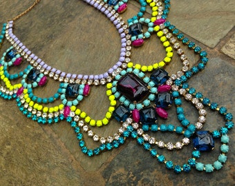 Custom Vintage Hand Painted Rhinestone Statement Necklace - Tom Binns look
