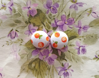 Wholesale Earrings / Fabric Covered Button Earrings / Post Earring / Orange Fruit Print / Birthday Earring/ Made in USA / Hypoallergenic