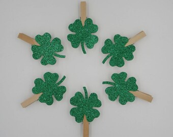 St Patricks Green Glitter Shamrock Clothespins, St Patricks Gift Wrap, Green Glitter Shamrocks, Shamrock Clothespins