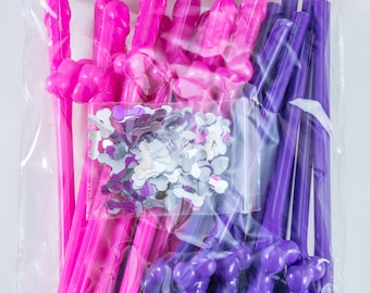 Penis Straws 20 Pack + Confetti by LIZZIE FROST Pink & Purple - Perfect for Bachelorette Party