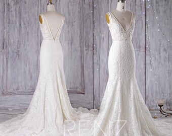 Wedding Dress Off White Lace Dress,Deep V Neck Bridal Dress,Lace Illusion Party Dress Long Train,Sleeveless Mermaid Evening Dress(HW326)