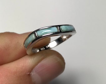 High Quality Genuine AAA Dominican Larimar Inlay 925 Sterling Silver Wavy band Ring size 6,7,8,9