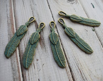 Feather Antique Brass Charms, Bird Nature Feather Verdigris Bohemian Amulet Supply- Set of 5