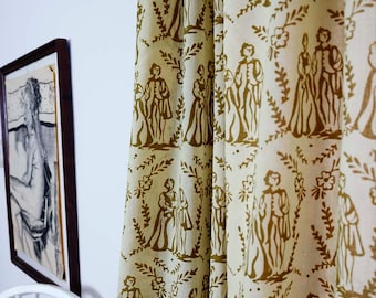 Toile Window curtains SAMPLE SALE gold cotton window curtain window treatment drapes - ONE panel 44"w x 96" Block Printed by natural dyes