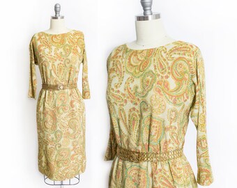 Vintage 1960s Dress - Metallic Gold Lame Paisley Printed Wiggle Dress 60s - Small