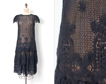 vintage 1970sdress | 70s-does-the-20s black cotton crochet lace dress | (small s )