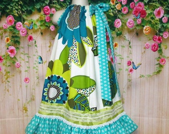Girls Dress 6/7 Pop Flowers Aqua, Cream Pillowcase Dress, Pillow Case Dress, Sundress, Boutique Dress