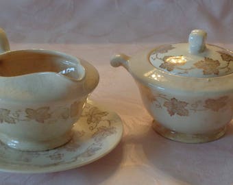 Vintage Edwin M Knowles Ivory China Creamer & Covered Sugar Bowl with Liner Plate
