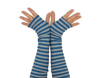 Arm Warmers in Blue and Grey Stripes - Cotton Fingerless Gloves - Sleeves