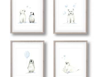 Polar Bear Nursery Art, Set of 4, Baby Boy Nursery, Arctic Animals, Penguin, Polar Bear, Seal, Childrens Wall Decor, Painting, Baby Animals