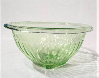 Vaseline Glass Mixing Bowl, Federal Ribbed Green Glass Bowl, Green Depressionware