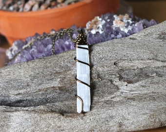 Natural Selenite Necklace - Wiccan Jewelry - Crystal Necklace - Bohemian Necklace - Selenite Jewelry - Boho Jewelry - Wire Wrapped Pendant