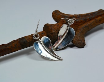 Sterling Silver Earrings - Silver Leaf Earrings - Retro - Mid Century