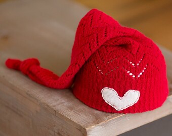 Newborn Prop, Newborn Hat, Newborn Christmas Hat, Red Newborn Hat with Heart, Upcycled Newborn Hat, Newborn Knot Hat, Sleepy Time Hat, RTS