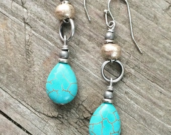 Turquoise earrings, boho jewelry, silver ethnic jewelry, silver earrings, dangle earrings, southwestern jewelry, gift for her