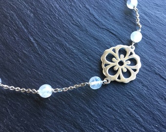 Wedding bracelet, moonstone, cherry blossom, sakura, sterling silver 925