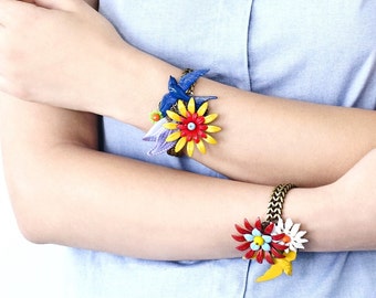 Art bracelet , flowers and bird Vintage Collage, Metal Cuff unique Bracelet, vintage lovers gift