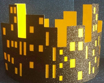 Cityscape Round Glitter Centerpiece Perfect for Superhero party. Fill with balloons, cellophane, tissue or your own cutouts or die cuts