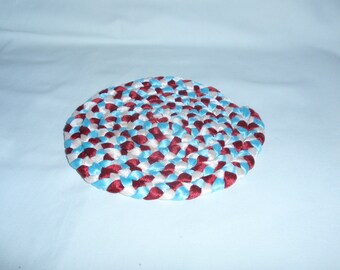 Handmade Miniature Braided Rug for Dollhouse. WHITE -Burgundy-BLUE Carpet